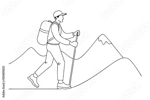 Line Drawing of Man Hiking Up Mountain with Trekking Pole and Backpack
