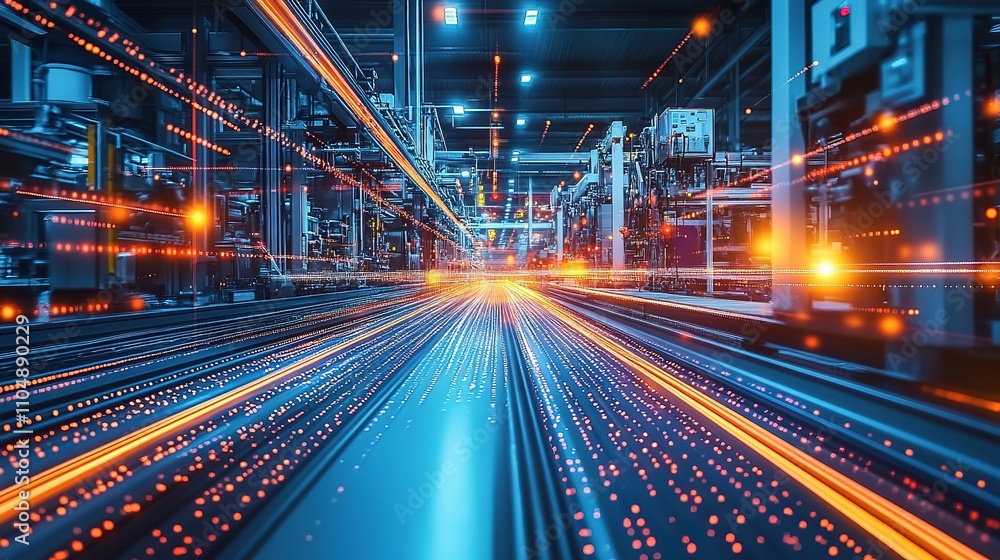 Futuristic factory interior with illuminated production lines. Futuristic factory interior with illuminated production lines.