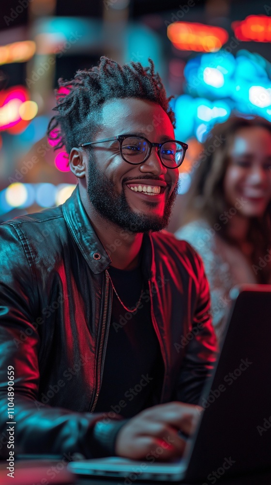A happy man sitting in a luxury casino with two female companions, betting online on a laptop computer