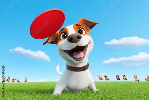 A cartoon dog playing in a realistic backyard, chasing a flying disc while animated birds cheer it on photo