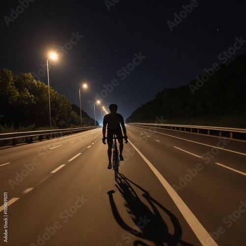 a bicycle rider on the road at night photo