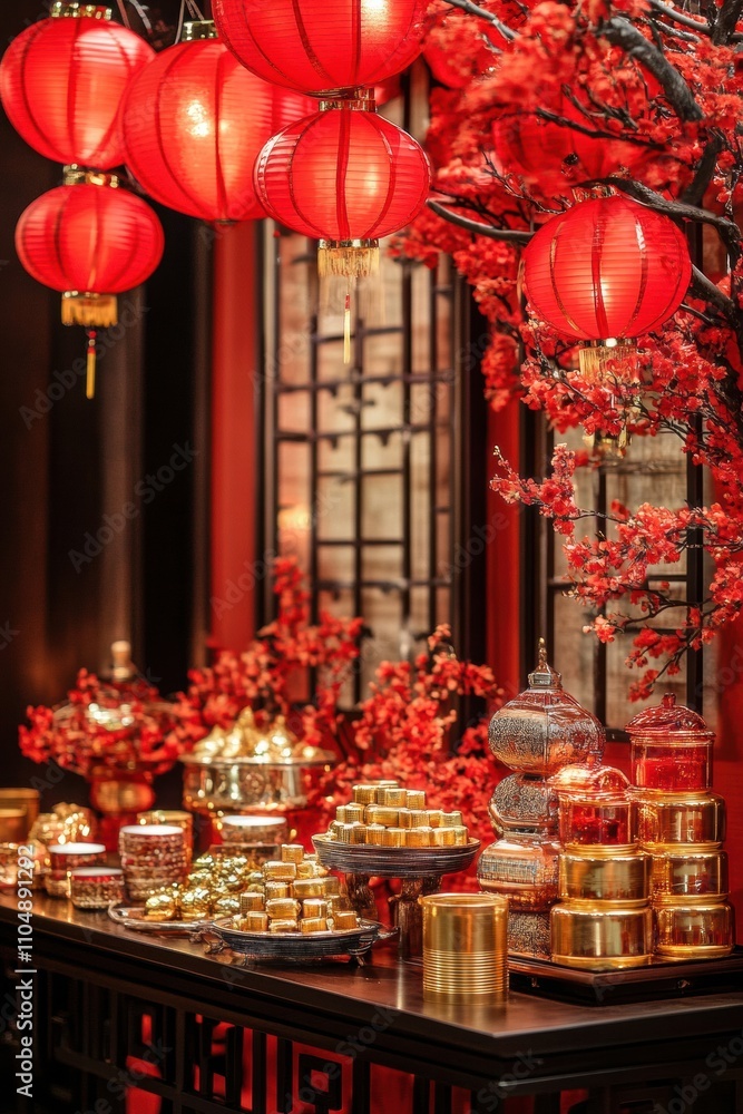 Festive decor with Chinese red lanterns, gold ingots, and intricate patterns in a luxurious New Year celebration setting Festive decor with Chinese red lanterns, gold ingots, and intricate patterns in a luxurious New Year celebration setting