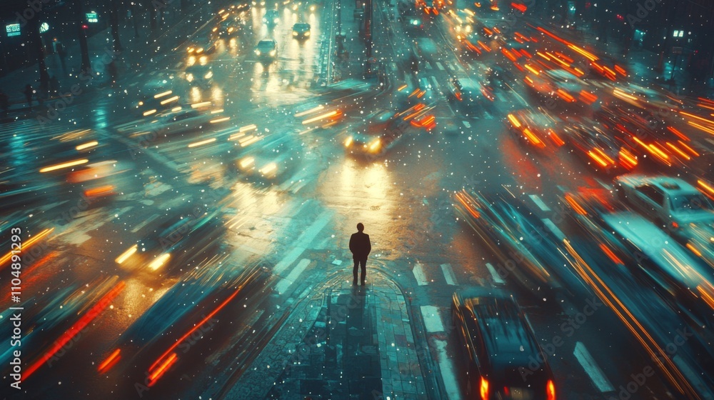 Fototapeta premium Urban night intersection scene with blurred car lights and figure