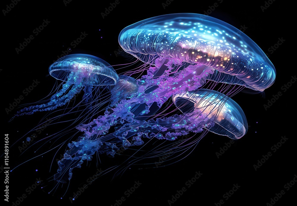 Ethereal Jellyfish with Luminescent Glow in Dark Ocean Waters, Creating a Mesmerizing Underwater Scene Filled with Colorful Patterns and Graceful Movement Ethereal Jellyfish with Luminescent Glow in Dark Ocean Waters, Creating a Mesmerizing Underwater Scene Filled with Colorful Patterns and Graceful Movement