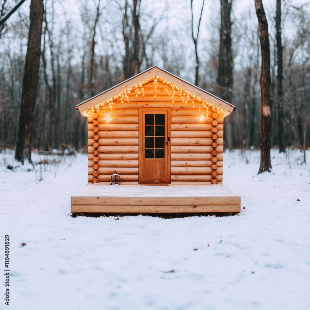 Cozy log cabin in snowy forest with lights. Cozy log cabin in snowy forest with lights.