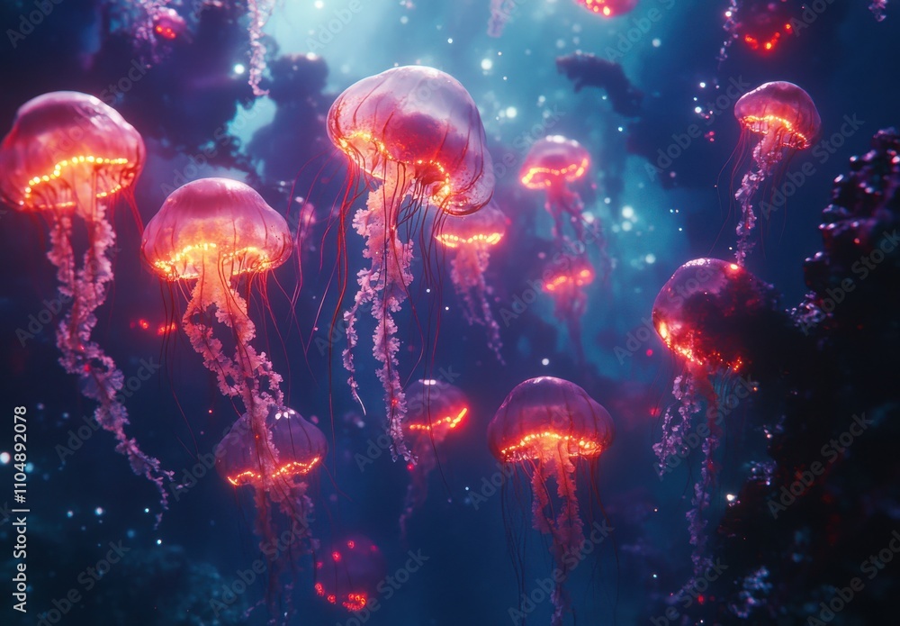 Ethereal Underwater Scene Featuring Glowing Jellyfish Illuminating a Mystical Ocean Environment with Soft Blue and Purple Tones Providing a Dreamlike Atmosphere Ethereal Underwater Scene Featuring Glowing Jellyfish Illuminating a Mystical Ocean Environment with Soft Blue and Purple Tones Providing a Dreamlike Atmosphere