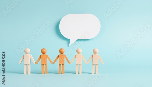 six wooden figures in a line, with a speech bubble above them, on a teal-colored background