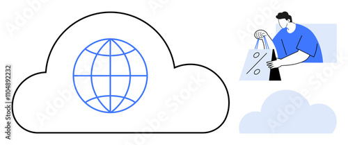 Man holding shopping bag, large cloud icon with globe. Ideal for e-commerce, cloud computing, global business, online shopping, internet services, digital marketplace, and technology integration