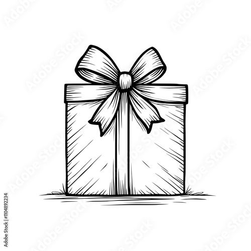 Gift with a bow is a black and white illustration symbolizing celebration and gift giving