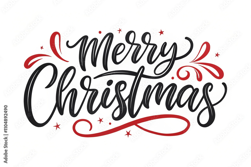 Elegant Merry Christmas calligraphy lettering with red flourishes and stars. Elegant Merry Christmas calligraphy lettering with red flourishes and stars.