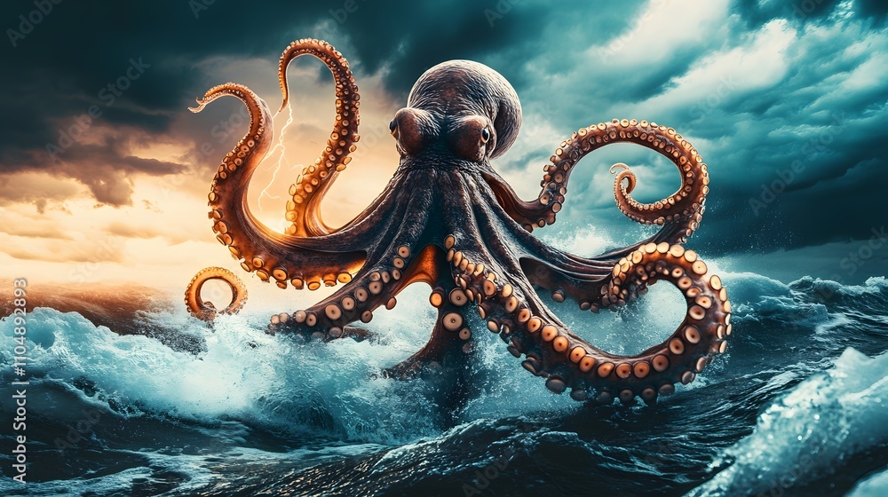 Giant octopus emerges from stormy ocean waves during sunset. Giant octopus emerges from stormy ocean waves during sunset.
