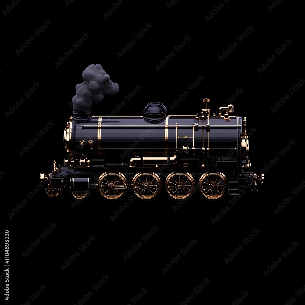 Elegant black and gold steam locomotive, isolated on black background. Elegant black and gold steam locomotive, isolated on black background.