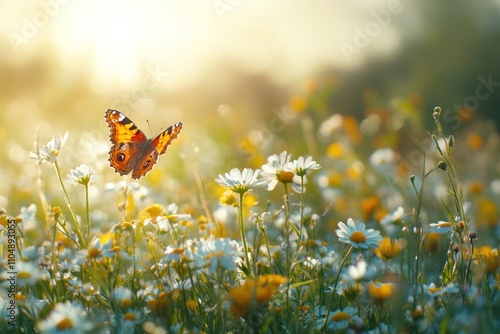 A butterfly flies over a field of white flowers in the warm sunlight.