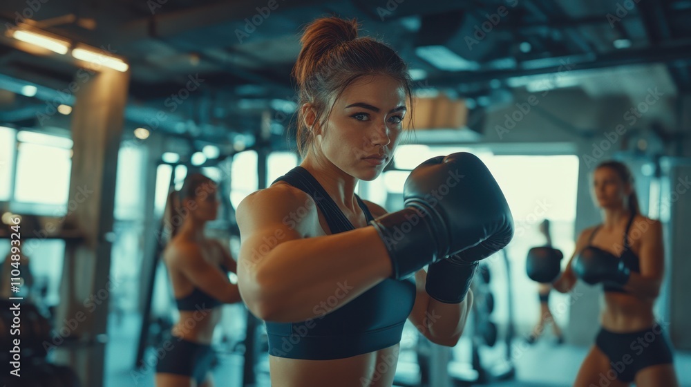Female Boxer Training in Modern Gym with Focused Expression Female Boxer Training in Modern Gym with Focused Expression