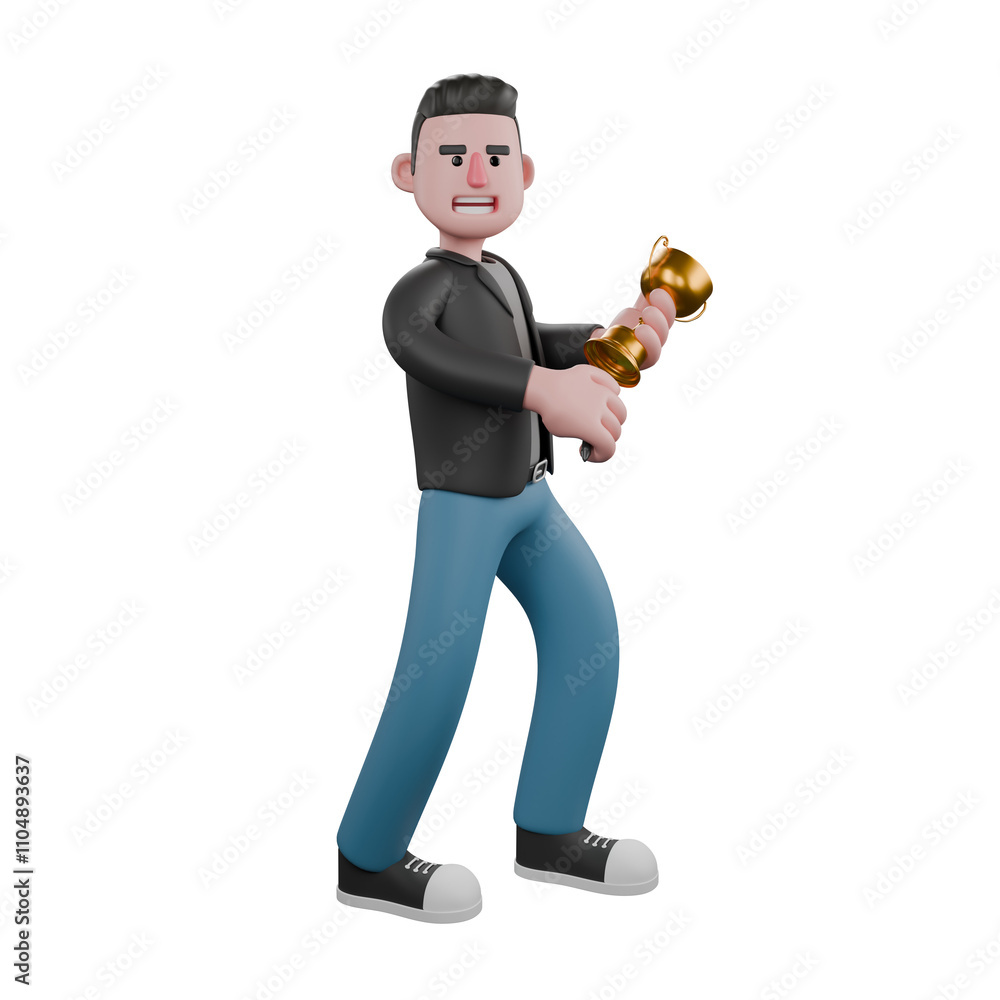 Fototapeta premium Creative 3D Model.A Male Screenwriter walks with his left hand holding a golden trophy, a wide smiling expression. Creative 3D Model