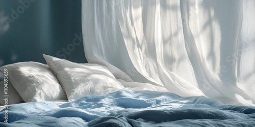 Elegant Silky Blue Drapes with Soft Light and Shadows photo