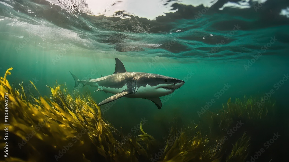 Fototapeta premium Majestic Great White Shark Gliding Through Kelp Forest Underwater in Clear Ocean Water with Sunlight Streaming Through Waves