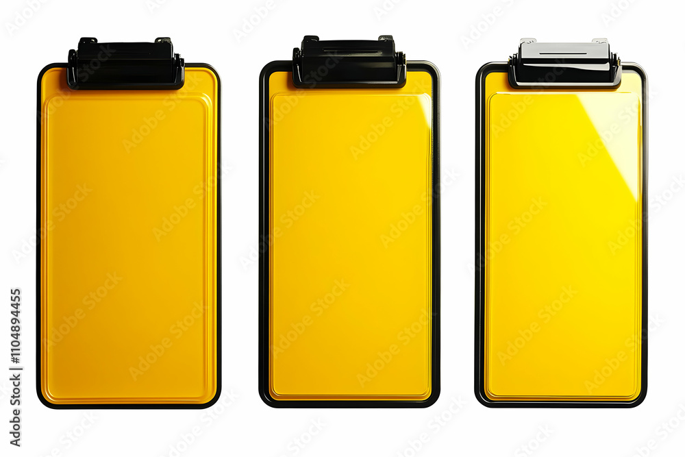 Three 3D Rendered Yellow Clipboards with Black Frames on White Background: Mockup for Advertising Three 3D Rendered Yellow Clipboards with Black Frames on White Background: Mockup for Advertising