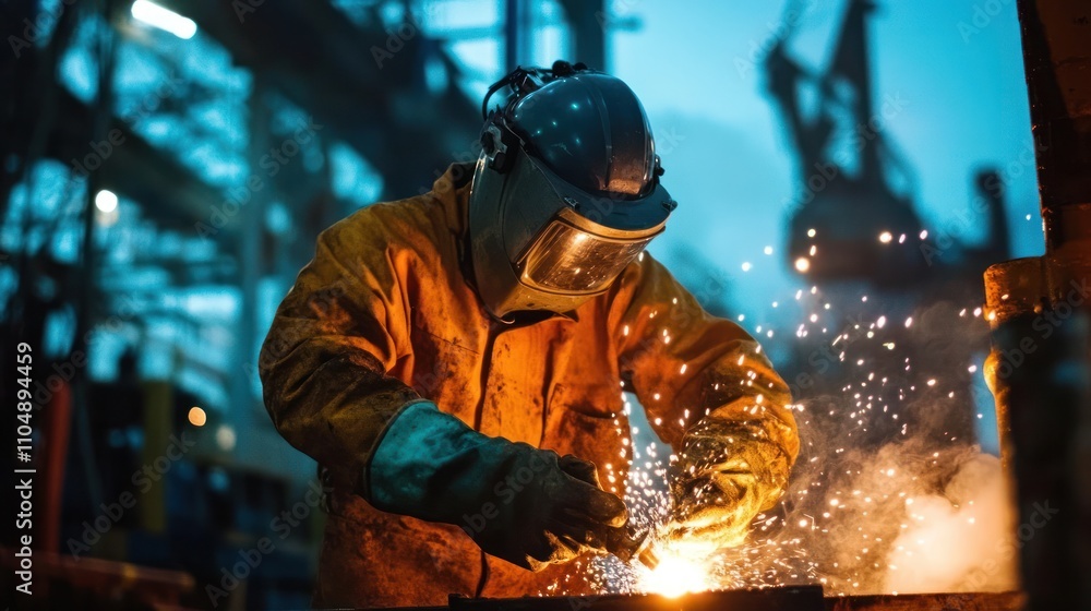 Offshore oil rig welding, showing safety gear and ocean setting Offshore oil rig welding, showing safety gear and ocean setting