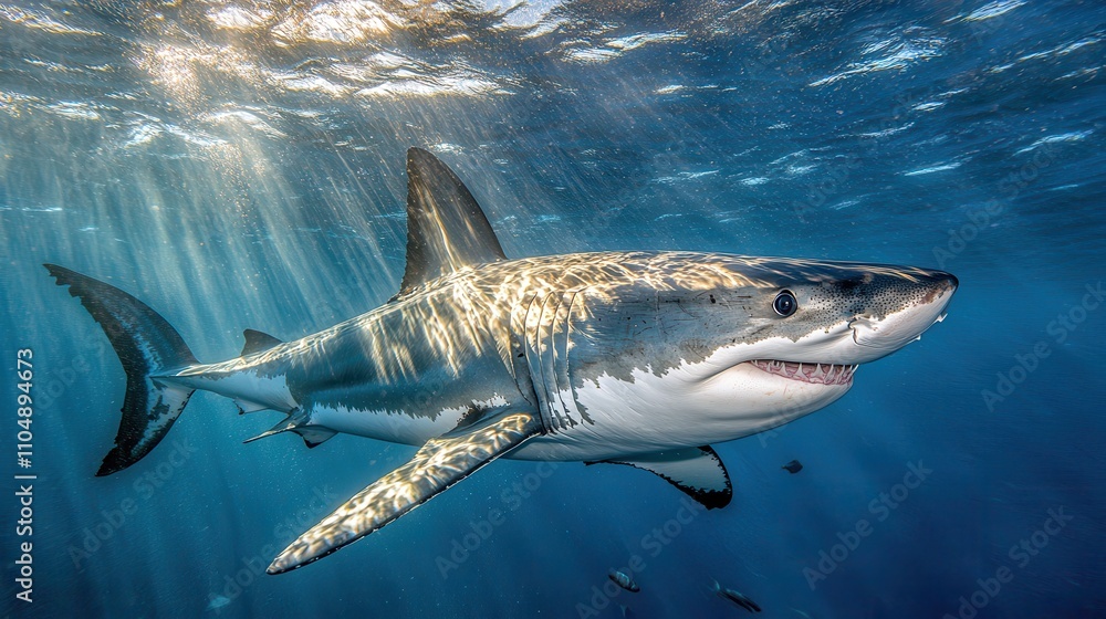 Fototapeta premium Majestic Great White Shark Swimming Gracefully Underwater with Sunlight Filtering Through Clear Ocean Water Creating a Stunning Marine Scene