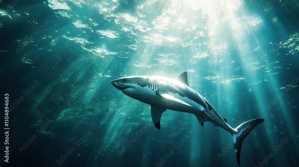 Naklejka premium Majestic Great White Shark Swimming in Crystal Clear Waters with Striking Sunlight Breaking Through Ocean Surface