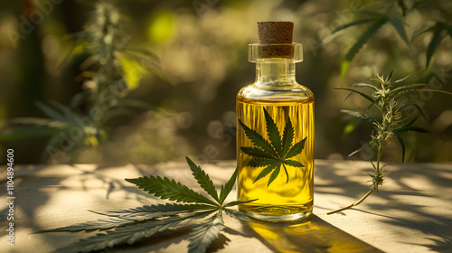 Golden cannabis oil in a glass bottle with fresh leaves placed on a wooden surface outdoors during daylight