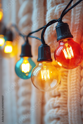 Cozy string lights on knitted background for warm winter decor photo