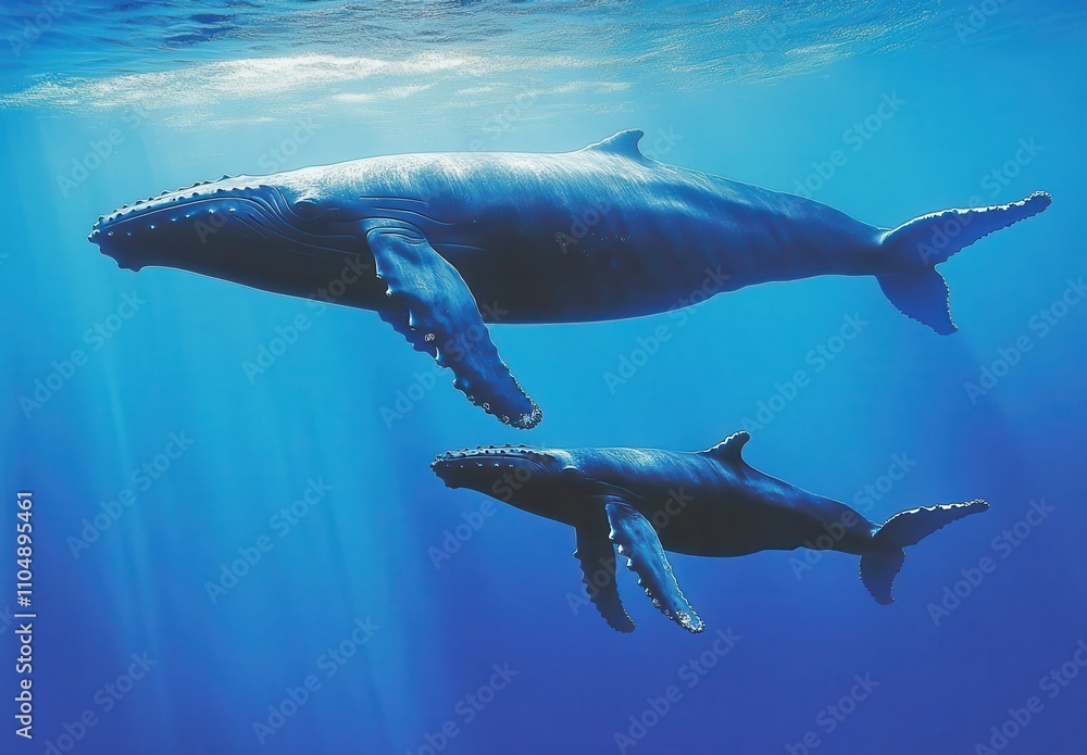 Fototapeta premium Majestic Humpback Whales Swimming Gracefully in Crystal Clear Ocean Waters, Showcasing Their Magnificent Size and Natural Beauty in a Serene Underwater Environment