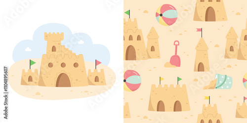 Summer pattern with sand castle and children toys