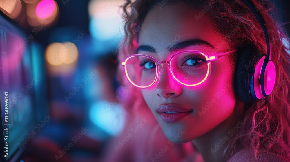 Close-up portrait of a young woman with headphones and glasses, looking at the camera. Close-up portrait of a young woman with headphones and glasses, looking at the camera.