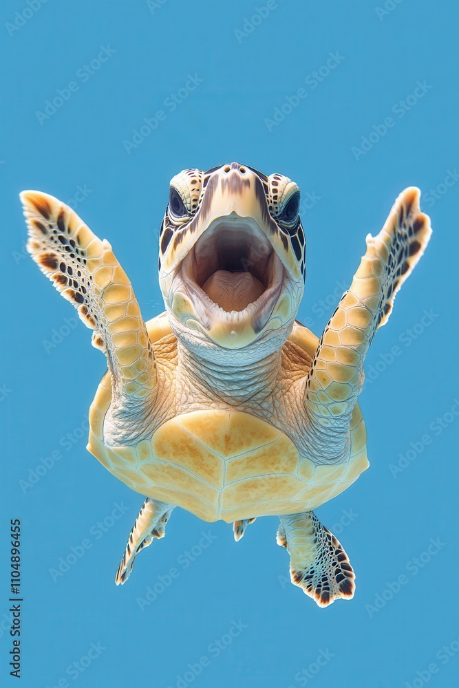 Obraz premium Majestic Sea Turtle Swimming Gracefully Beneath Clear Blue Water, Displaying Open Mouth and Flippers Against a Vibrant Ocean Background