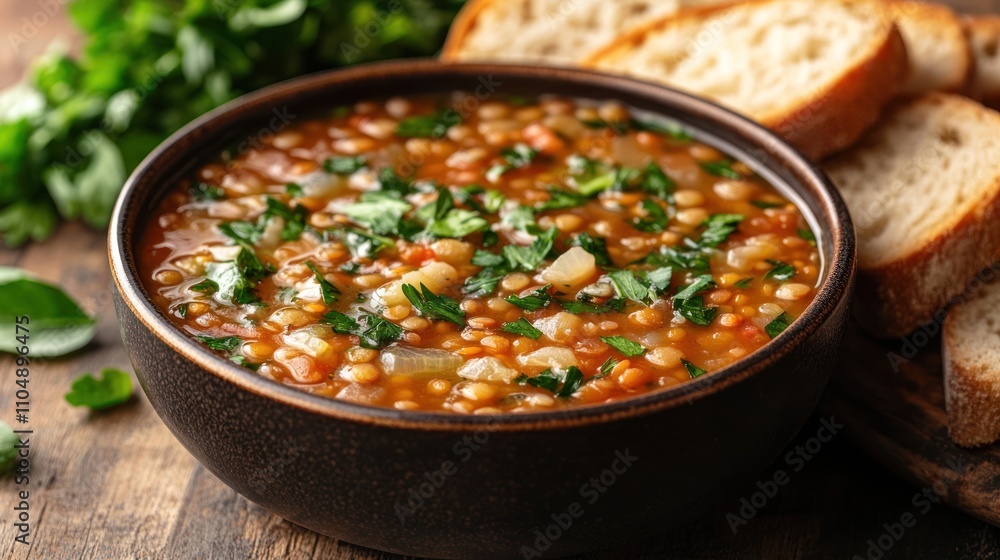 A bowl of lentil soup with fresh parsley and crusty bread on a wooden table.