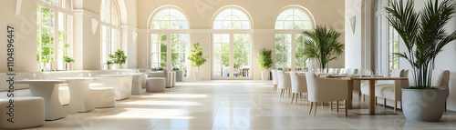 Sunlit Restaurant Interior: Elegant White Chairs and Tables near Large Windows with Lush Greenery