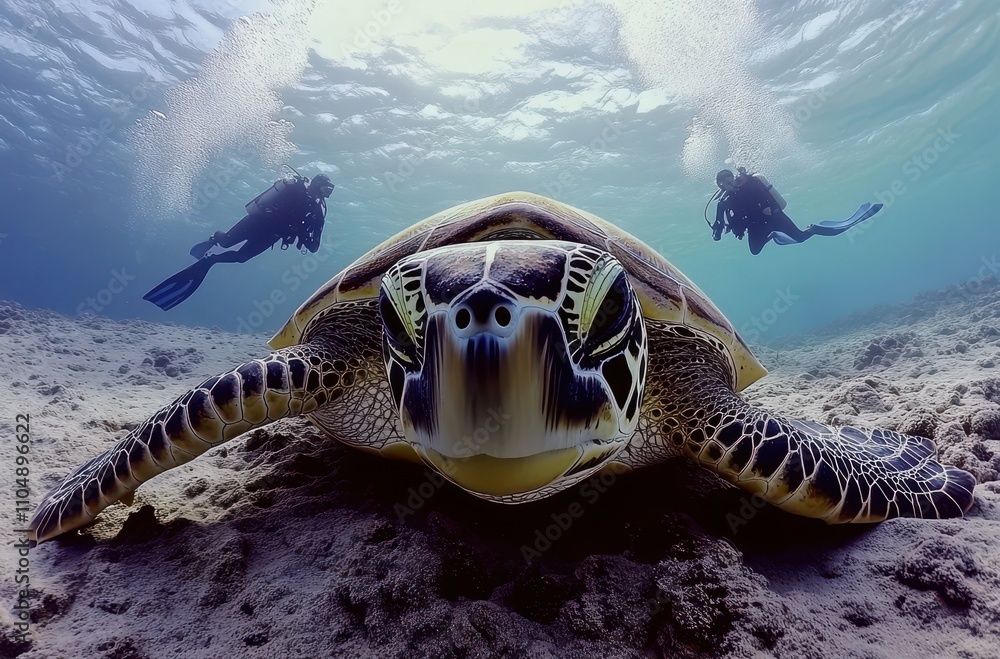 Obraz premium Majestic Sea Turtle Swimming Gracefully Underwater with Two Divers in Background, Capturing the Beauty of Marine Life and Ocean Ecosystem