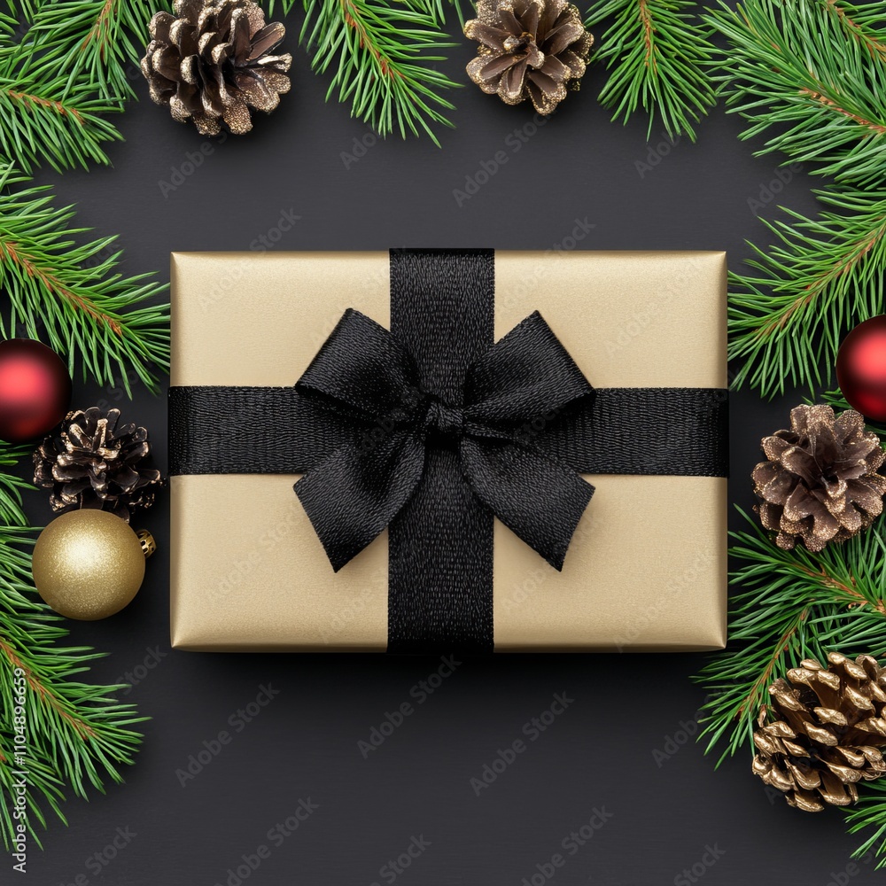 Gold gift box with black ribbon, pine cones, and ornaments on dark background. Gold gift box with black ribbon, pine cones, and ornaments on dark background.