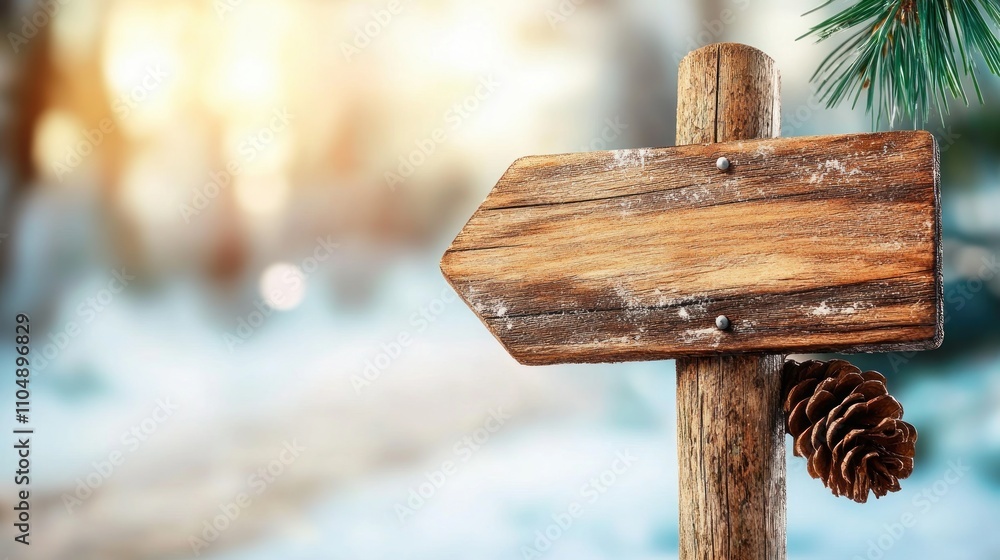 Naklejka premium Blank Wooden Signpost Winter Landscape Background Snowy Forest