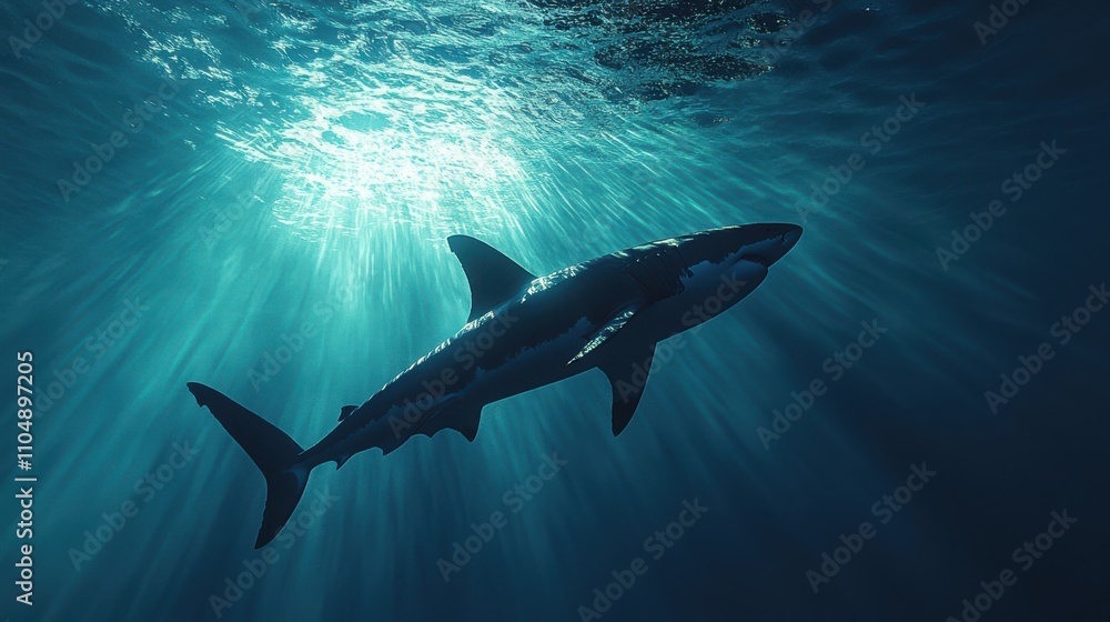 Naklejka premium Majestic Shark Swimming Gracefully Underwater with Sunlight Filtering Through the Waves, Capturing the Beauty of Marine Life in Clear Ocean Waters