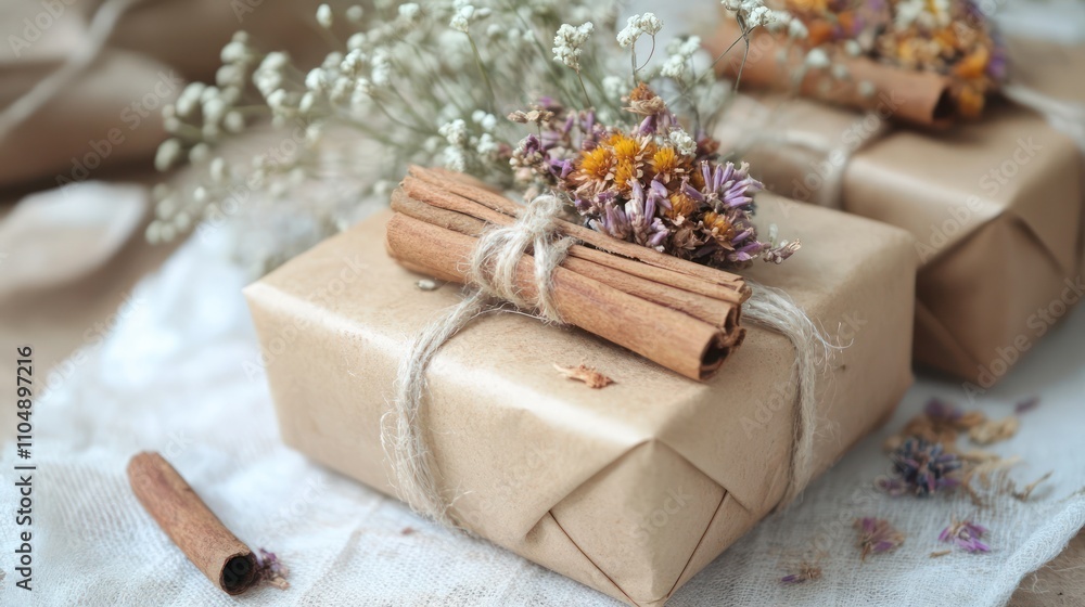 Rustic Gift Wrapped in Brown Paper with Dried Flowers and Cinnamon Sticks Rustic Gift Wrapped in Brown Paper with Dried Flowers and Cinnamon Sticks