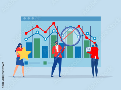 Benchmark performance or KPI key performance indicator
growth or KPI measurement result, businessman magnify benchmark metric graph scale.