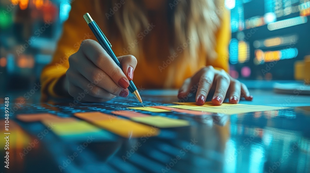 Obraz premium Woman's hand writing on sticky notes with a pen, while working on a project.