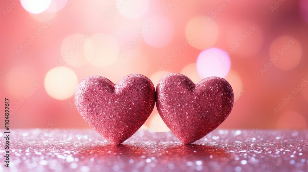 Two Hearts On Pink Glitter In Shiny Background - Valentine's Day Concept Two Hearts On Pink Glitter In Shiny Background - Valentine's Day Concept