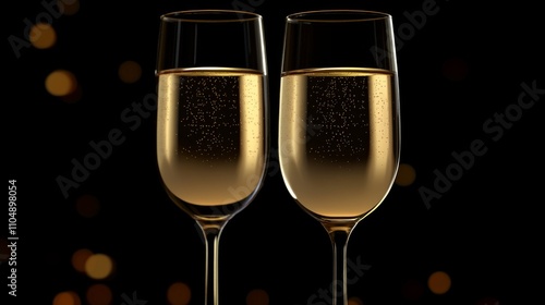 Elegant new year celebration background featuring two glasses of champagne with golden sparkling bokeh lights on a dark backdrop, perfect for festive holiday themes, party invitations, and luxurious s photo