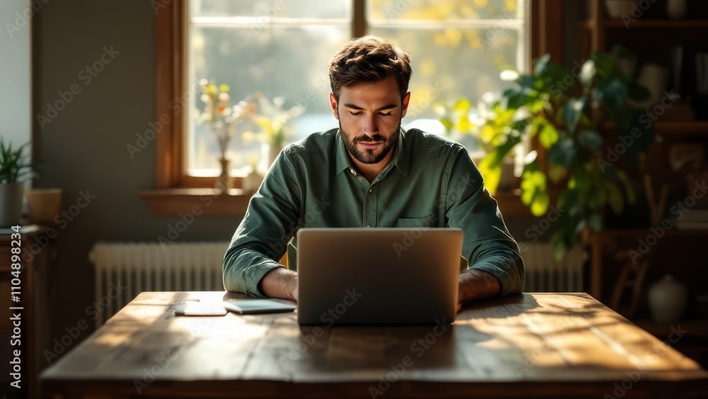A man in a green shirt works on a laptop by a window. A man in a green shirt works on a laptop by a window.