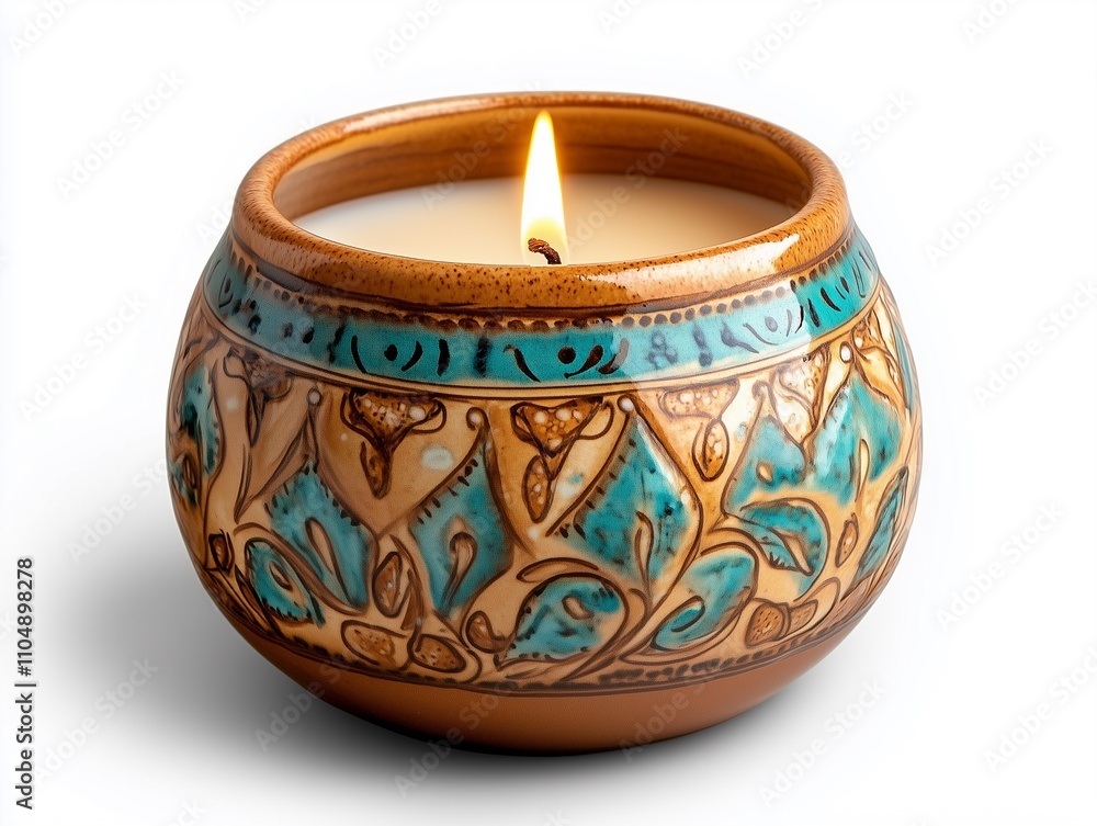 A beautifully handcrafted candle in a decorative pot, featuring intricate designs and a warm, glowing flame. A beautifully handcrafted candle in a decorative pot, featuring intricate designs and a warm, glowing flame.
