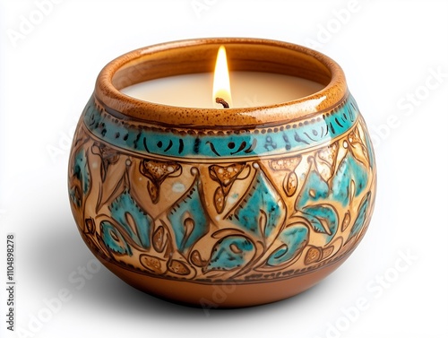 A beautifully handcrafted candle in a decorative pot, featuring intricate designs and a warm, glowing flame.