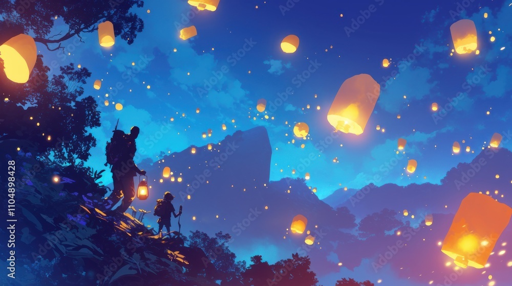 Two silhouettes of people walking up a mountain at night, with a sky full of glowing lanterns. Two silhouettes of people walking up a mountain at night, with a sky full of glowing lanterns.