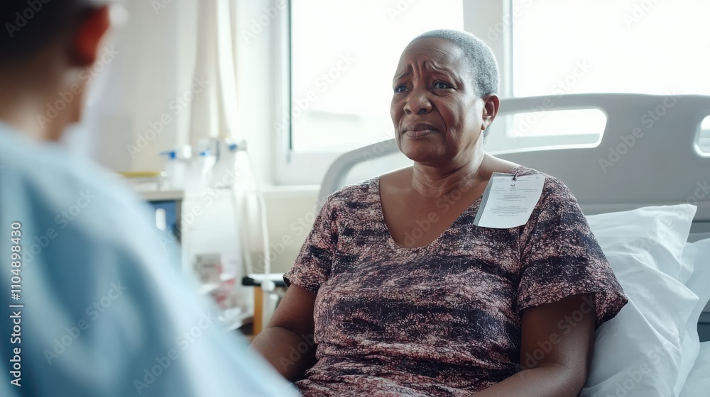 Fototapeta premium Patient Sitting in Hospital Bed Looking Relieved and Content