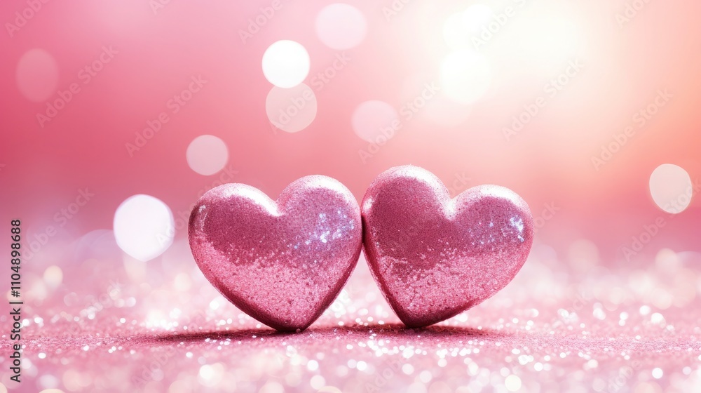 Two Hearts On Pink Glitter In Shiny Background - Valentine's Day Concept Two Hearts On Pink Glitter In Shiny Background - Valentine's Day Concept