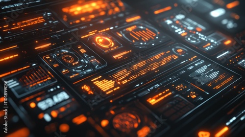 Futuristic digital interface with glowing orange and blue lines and data on a dark background.