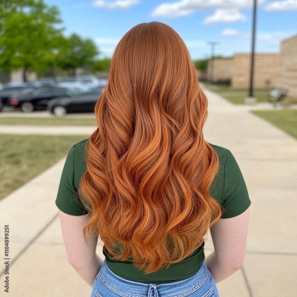 Long, wavy copper-red hair viewed from behind. Long, wavy copper-red hair viewed from behind.